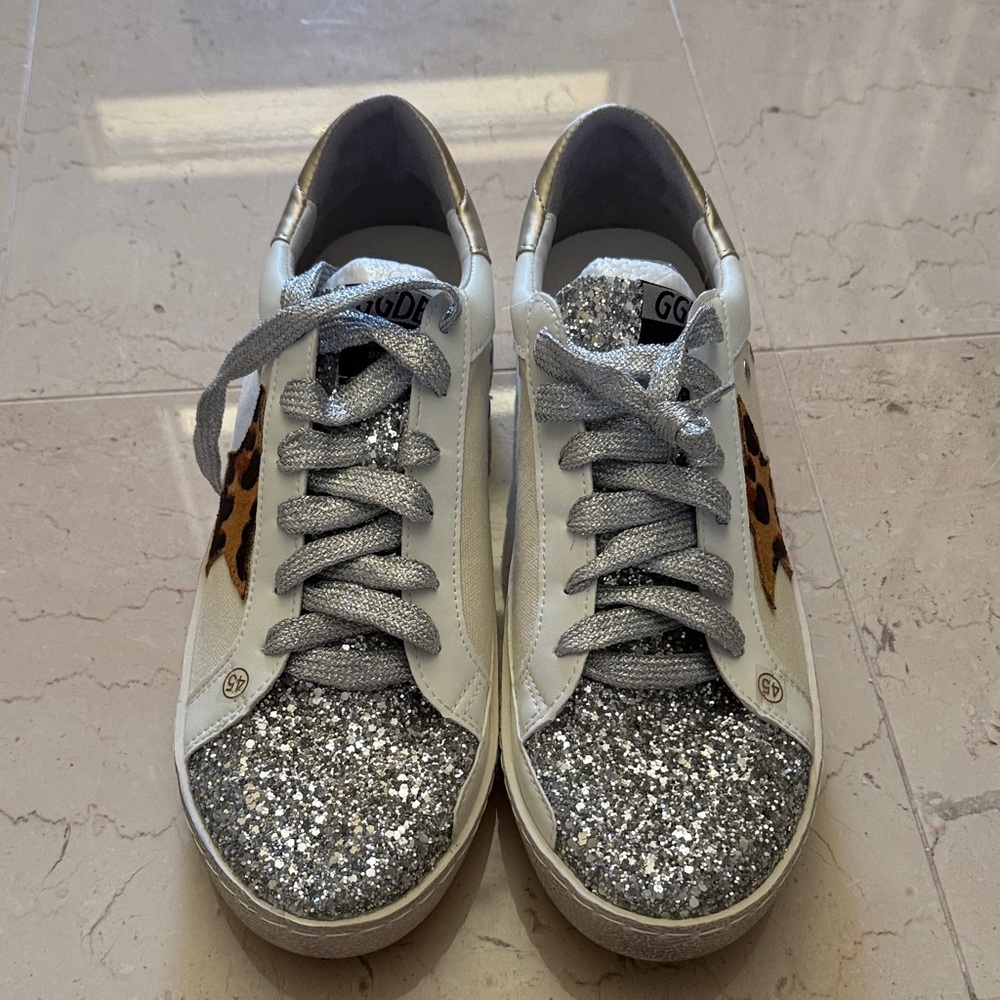 Golden Goose Silver Glitter and Leopard Sneakers